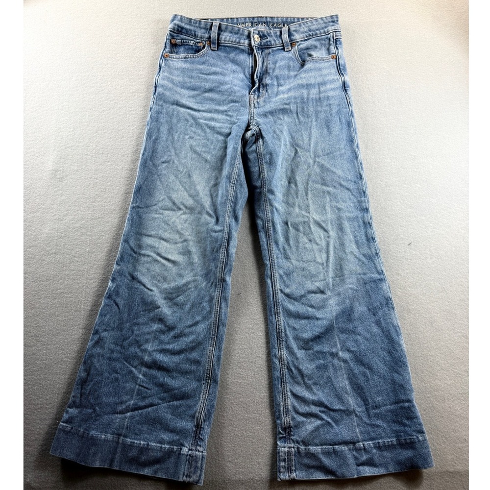 American Eagle Jeans Womens 4 Short Blue Wide Leg Flare High Rise Stretch 30x28